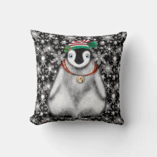 Cute festive holiday Penguin glitter snowflakes Throw Pillow