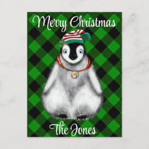 Cute festive holiday Penguin green black plaid 