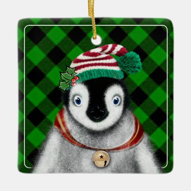 Cute festive holiday Penguin green black plaid  Ceramic Ornament (Front)