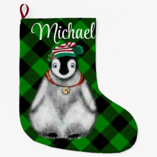 Cute festive holiday Penguin green black plaid  Large Christmas Stocking