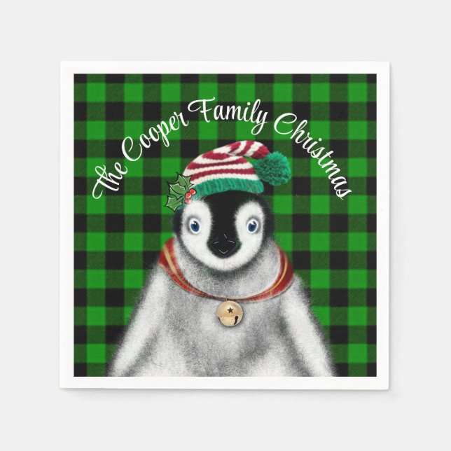 Cute festive holiday Penguin green black plaid  Napkin (Front)