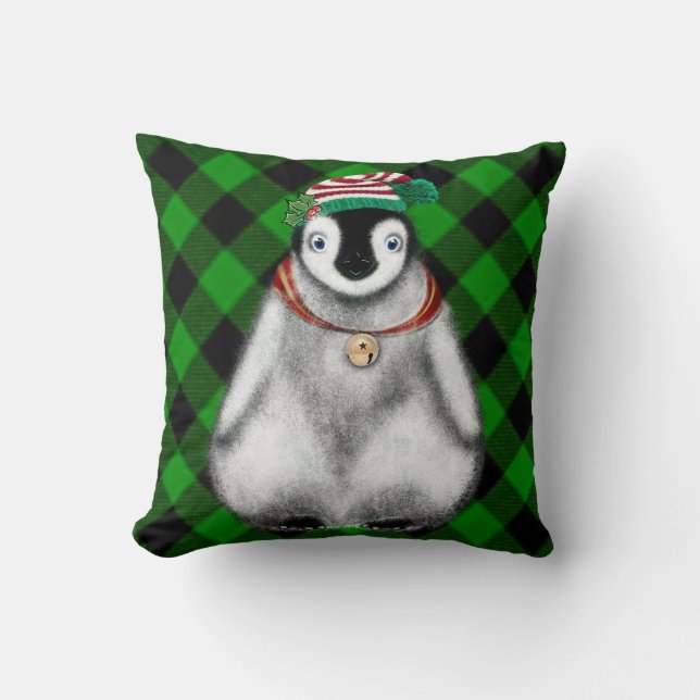 Cute festive holiday Penguin green black plaid  Throw Pillow (Front)