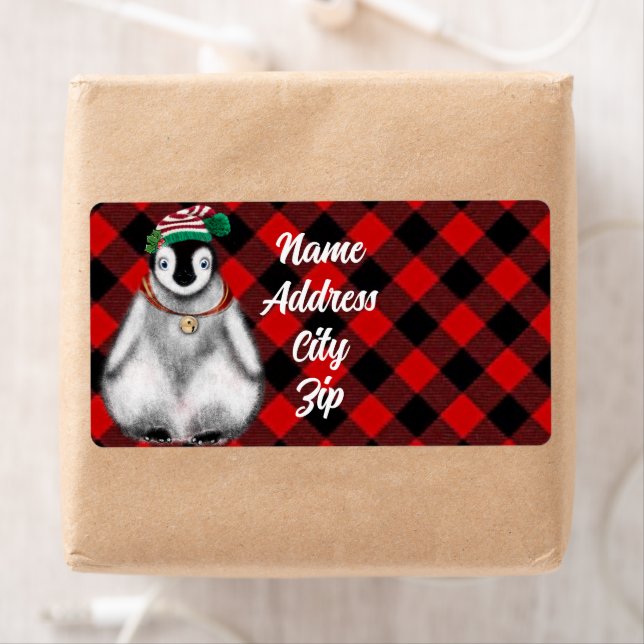 Cute festive holiday Penguin red black plaid  (Insitu)