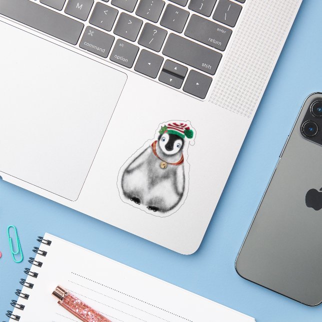 Cute festive holiday Penguin red black plaid  (Laptop w/ iPhone)
