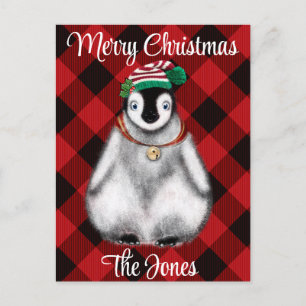 Cute festive holiday Penguin red black plaid