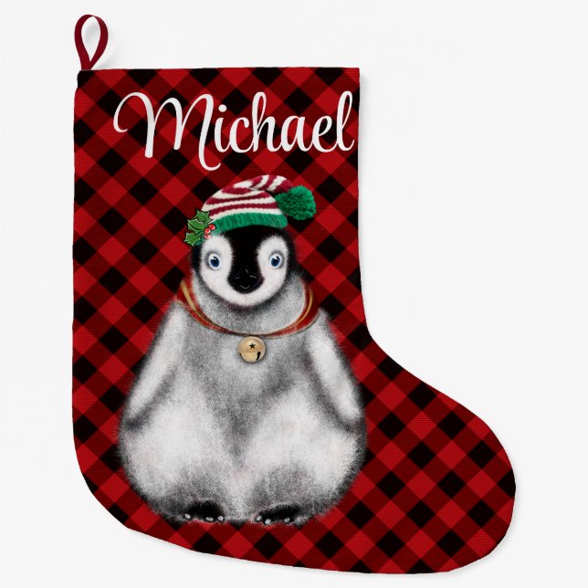 Cute festive holiday Penguin red black plaid  Large Christmas Stocking (Front)