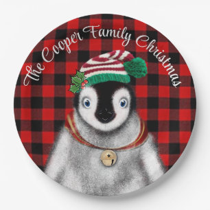 Cute festive holiday Penguin red black plaid Paper Plate
