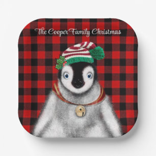 Cute festive holiday Penguin red black plaid Paper Plate