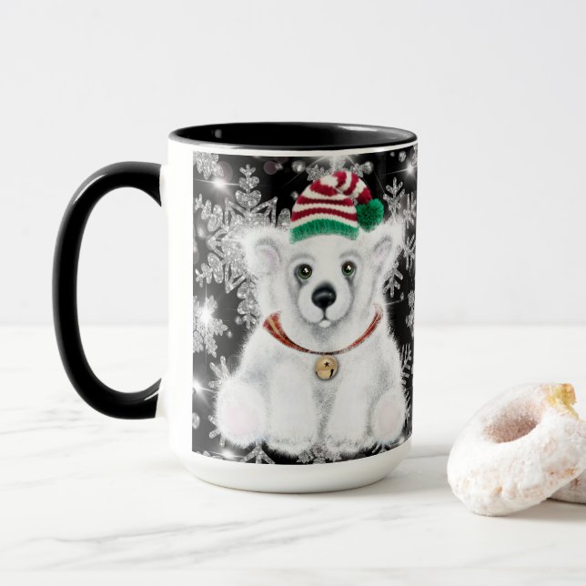 Cute festive holiday Polar bear glitter snowflake Mug (With Donut)
