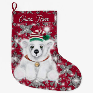Cute festive holiday Polar bear glitter snowflakes Large Christmas Stocking