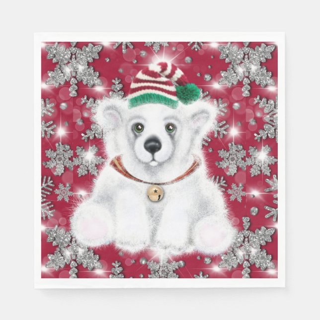 Cute festive holiday Polar bear glitter snowflakes Napkin (Front)