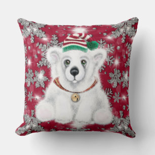 Cute festive holiday Polar bear glitter snowflakes Throw Pillow