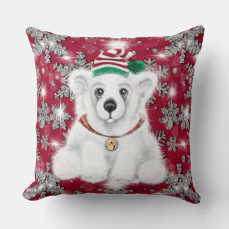 Cute festive holiday Polar bear glitter snowflakes Throw Pillow