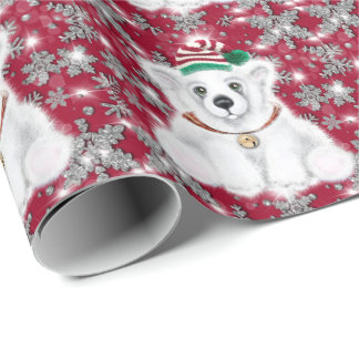 Cute festive holiday Polar bear glitter snowflakes Wrapping Paper