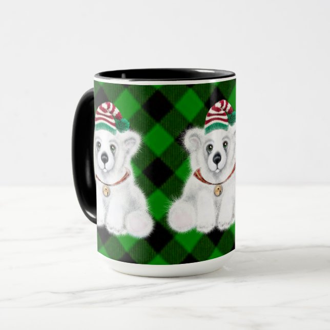 Cute festive holiday Polar bear green plaid Mug (Front Left)
