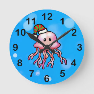 Cute Festive Jellyfish Cartoon Round Clock