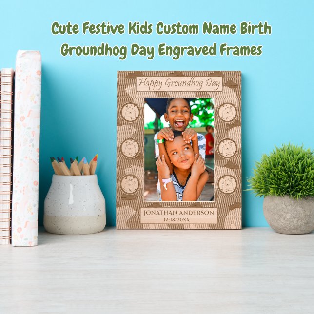 Cute Festive Kids Custom Name Birth Groundhog Day  Etched Frames (Creator Uploaded)