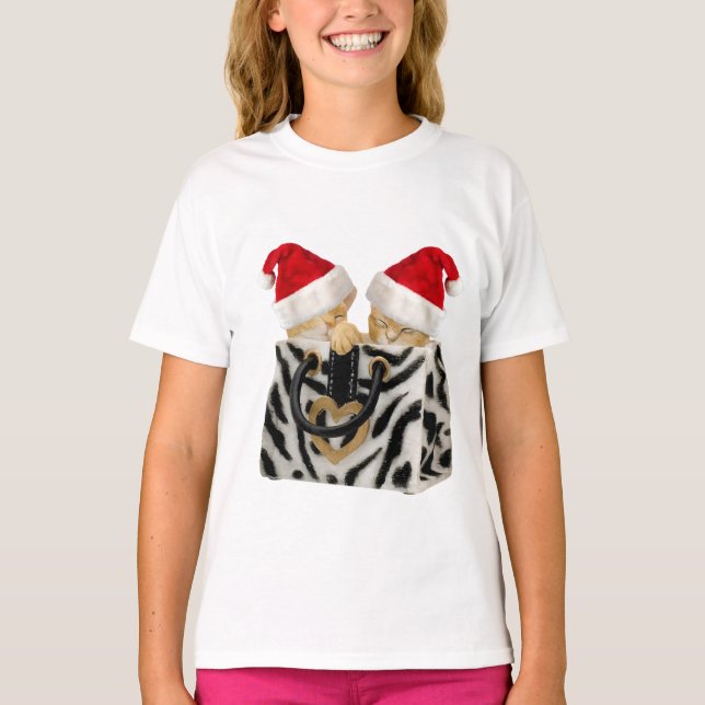 Cute Festive Kittens in Zebra Print Handbag T-Shirt (Front)