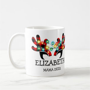 Cute Festive Lights Rustic Plaid Deer Antlers Name Coffee Mug
