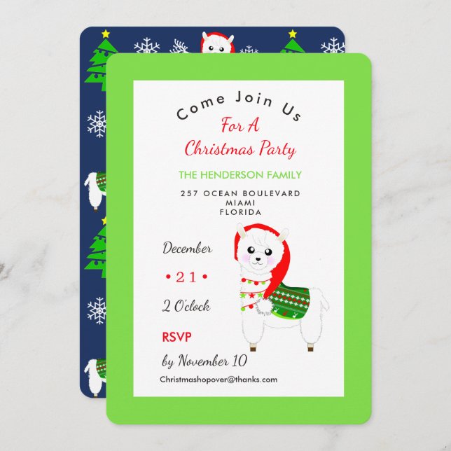 Cute Festive Llama Christmas Party Celebration Invitation (Front/Back)