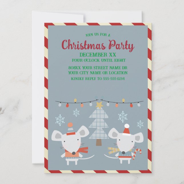 Cute Festive Mice and Tree on Blue Christmas Invitation (Front)