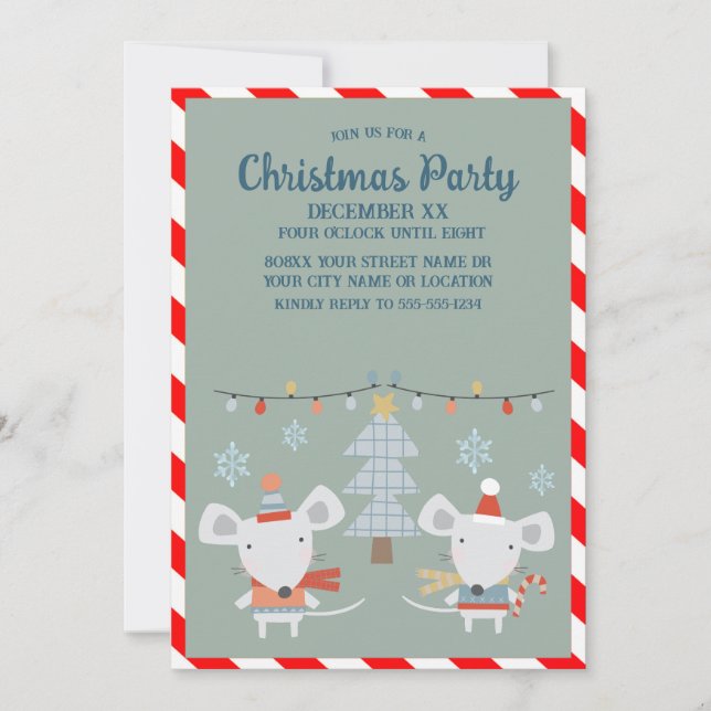 Cute Festive Mice and Tree on Green Christmas Invitation (Front)