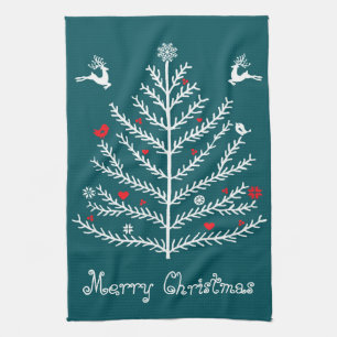 Cute Festive Nordic Teal Christmas Tree Deer Kitchen Towel