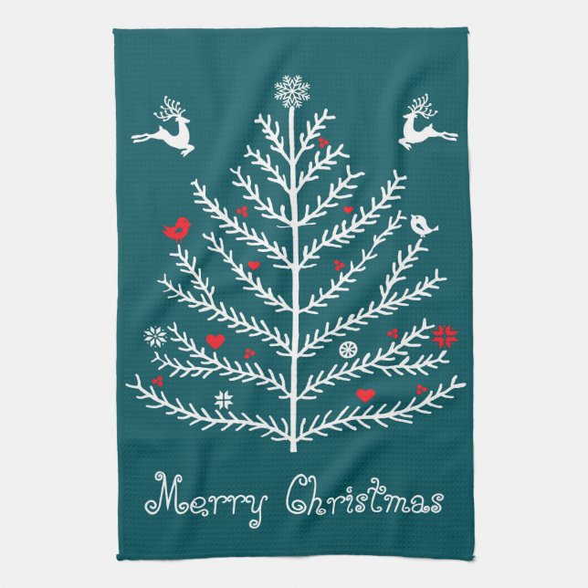 Cute Festive Nordic Teal Christmas Tree Deer  Kitchen Towel (Vertical)