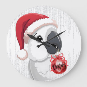 Cute Festive Parrot Santa Hat Red White Christmas  Large Clock