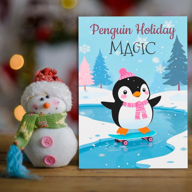 Cute Festive Penguin Skating Holiday Greeting Card (Creator Uploaded)