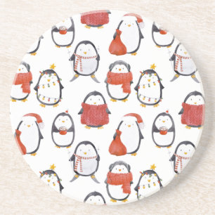 Cute Festive Penguins Pattern Christmas Coaster