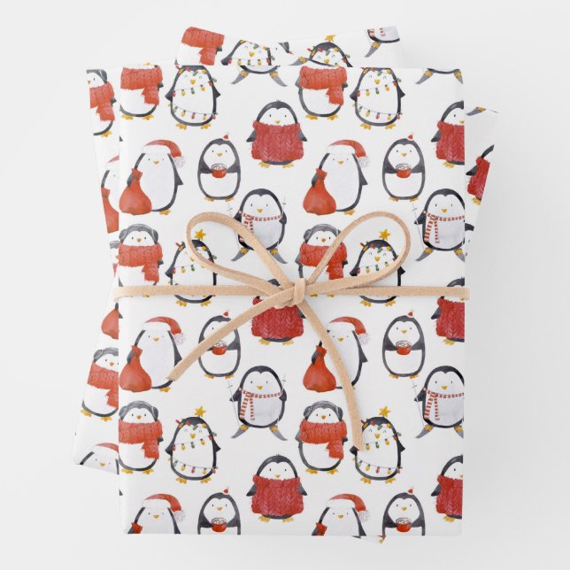 Cute Festive Penguins Pattern Christmas Wrapping Paper Sheet (In situ)