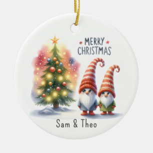 Cute Festive Personalized Merry Christmas Gnome Ceramic Ornament