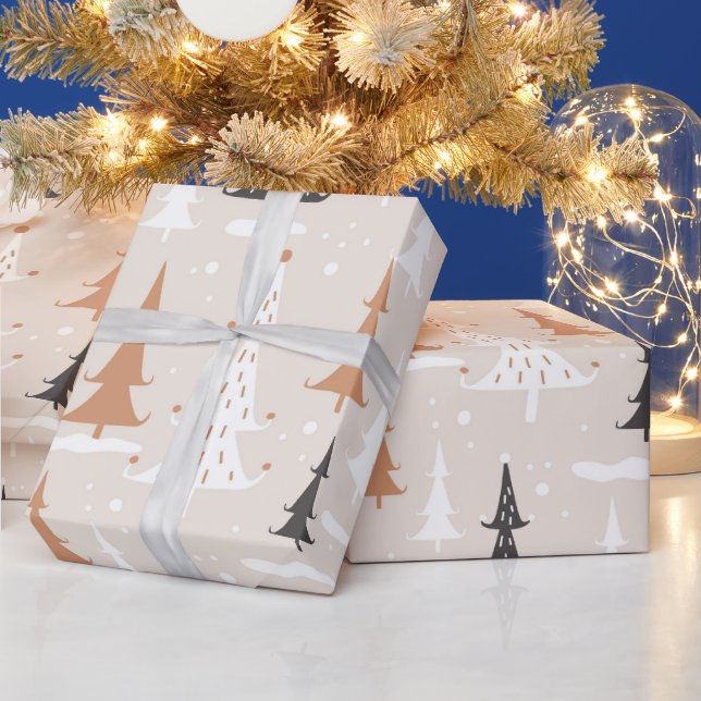 Cute Festive Pink Boho Brown Christmas Trees Wrapping Paper (Holidays)