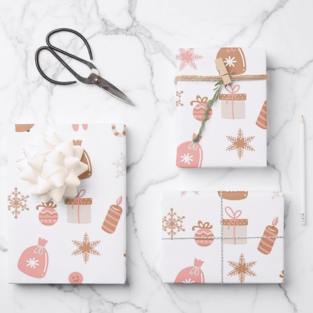 Cute Festive Pink Christmas Gingerbread Snowflakes Wrapping Paper Sheet (Front)