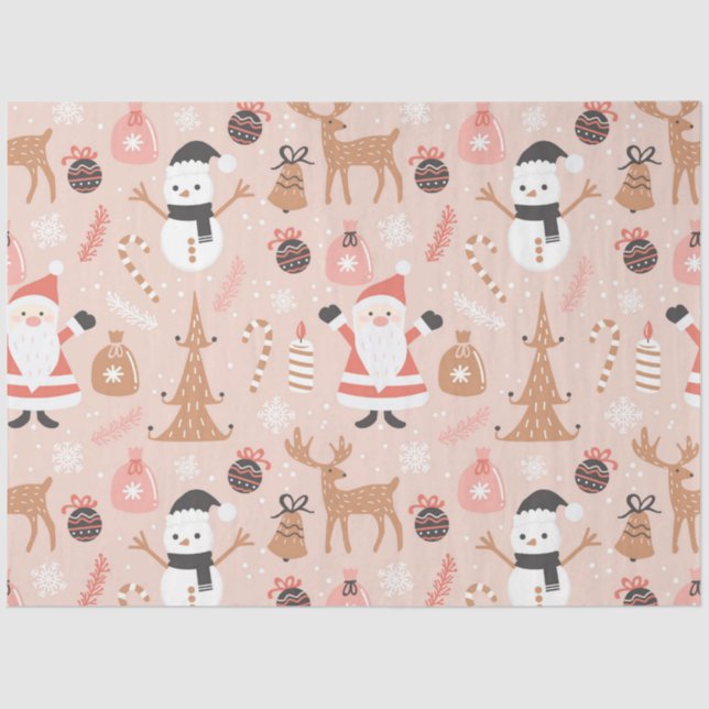 Cute Festive Pink Christmas Tree Snowman Reindeer Tissue Paper (Front)