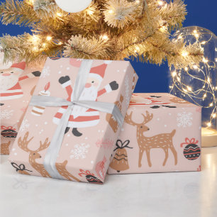 Cute Festive Pink Christmas Tree Snowman Reindeer Wrapping Paper