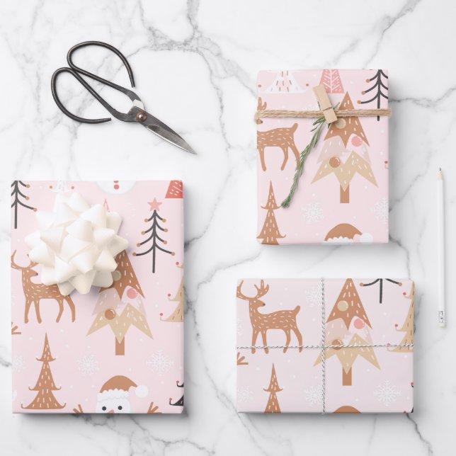 Cute Festive Pink Christmas Tree Snowman Reindeer Wrapping Paper Sheet (Front)