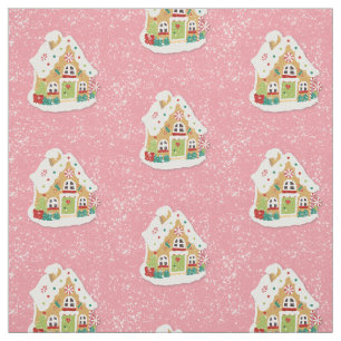 Cute Festive  Pink Snowy Gingerbread House Pattern Fabric