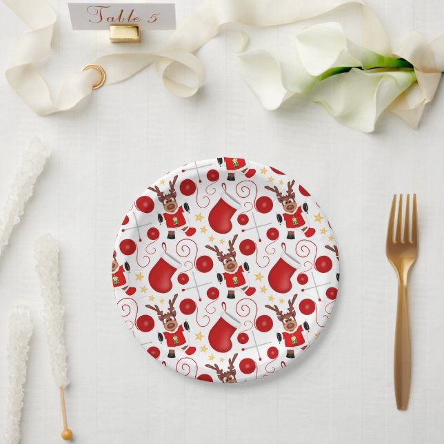 Cute Festive Red Christmas Reindeer Paper Plate (Wedding)