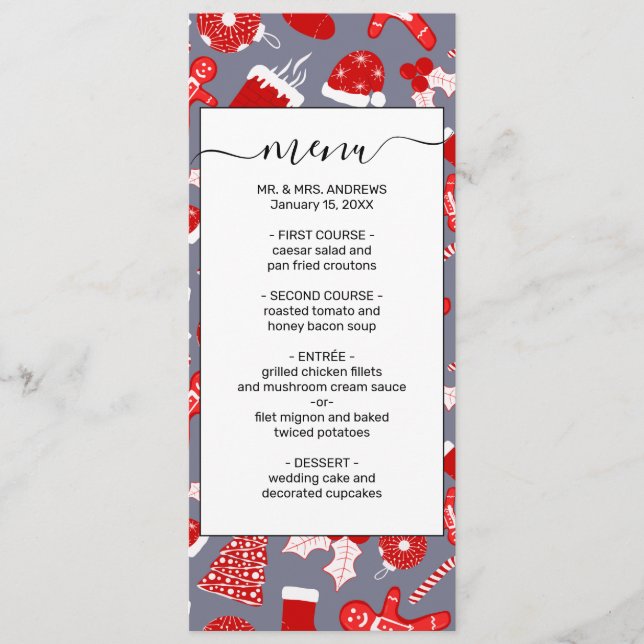 Cute Festive Red Illustrations Christmas Pattern Menu (Front)