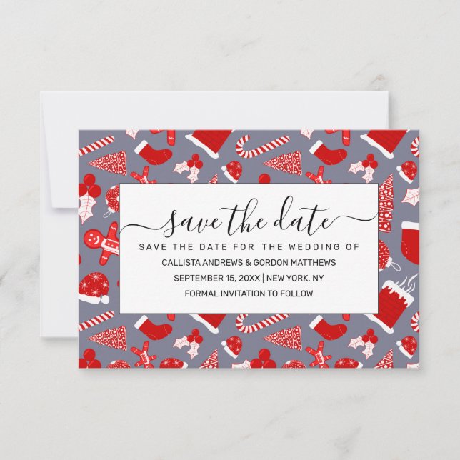 Cute Festive Red Illustrations Christmas Pattern Save The Date (Front)