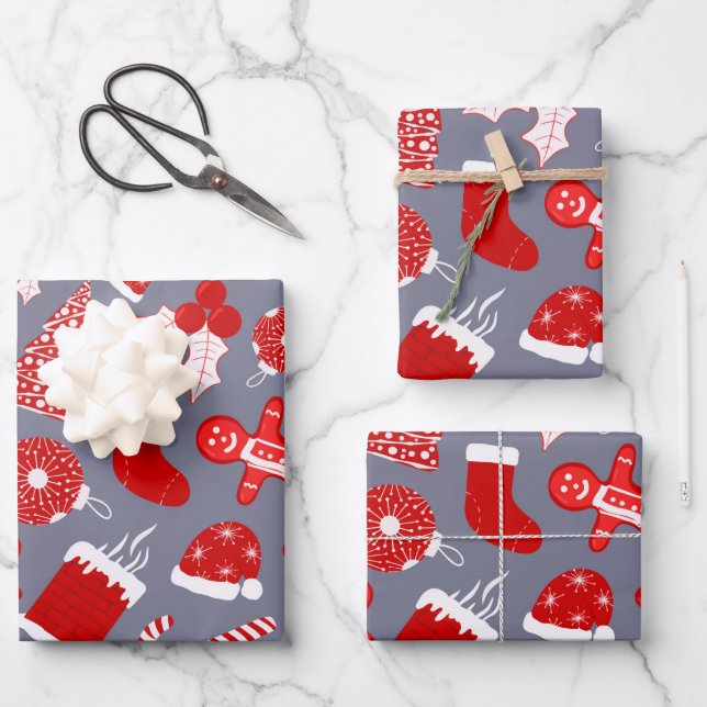 Cute Festive Red Illustrations Christmas Pattern Wrapping Paper Sheet (Front)
