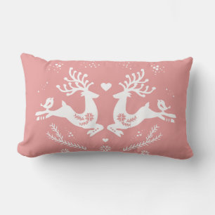Cute Festive Scandi Pink Christmas Deer Lumbar Pillow