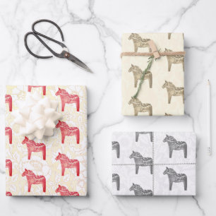 Cute Festive Scandi Red Beige and Grey Dala Horse Wrapping Paper Sheet