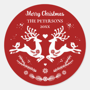 Cute Festive Scandi Red White Christmas Deer  Classic Round Sticker
