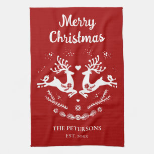 Cute Festive Scandi Red White Christmas Deer  Kitchen Towel