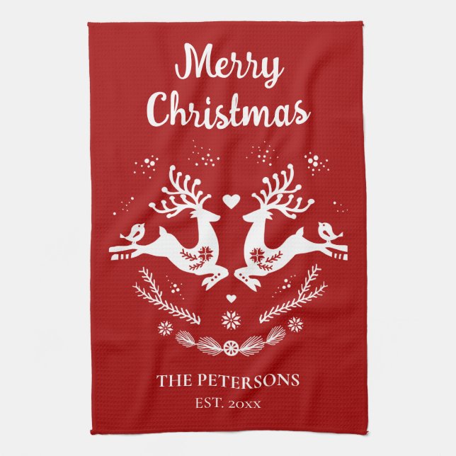 Cute Festive Scandi Red White Christmas Deer  Kitchen Towel (Vertical)