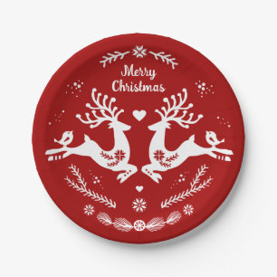 Cute Festive Scandi Red White Christmas Deer Paper Plate