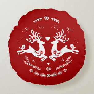 Cute Festive Scandi Red White Christmas Deer Round Pillow
